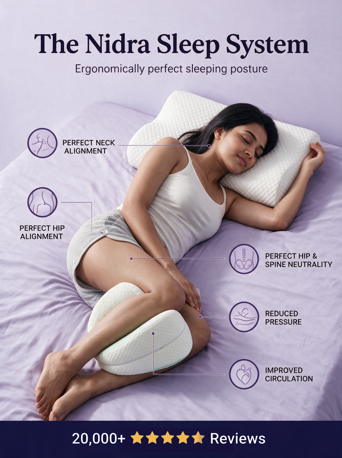 A woman asleep on her side on the Nidra Contour neck pillow, with lines marking the neck and the hips