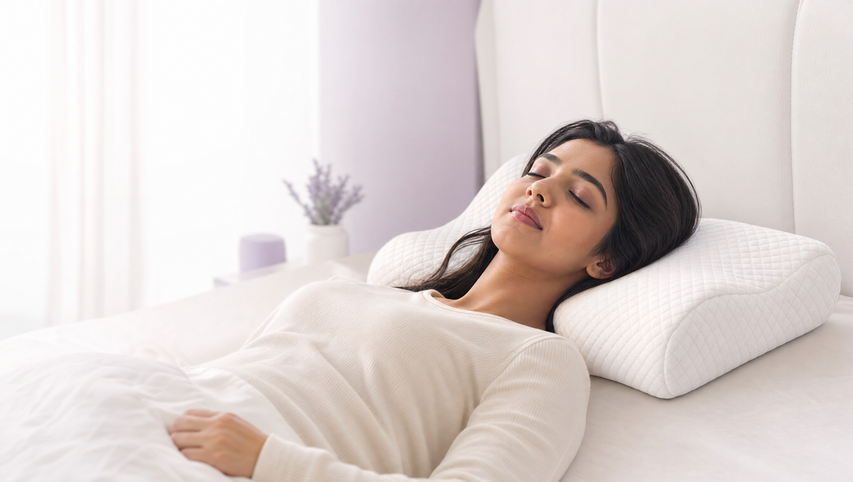 A head resting on the Nidra Contour, seen from the side, in an Indian bedroom in soft daylight