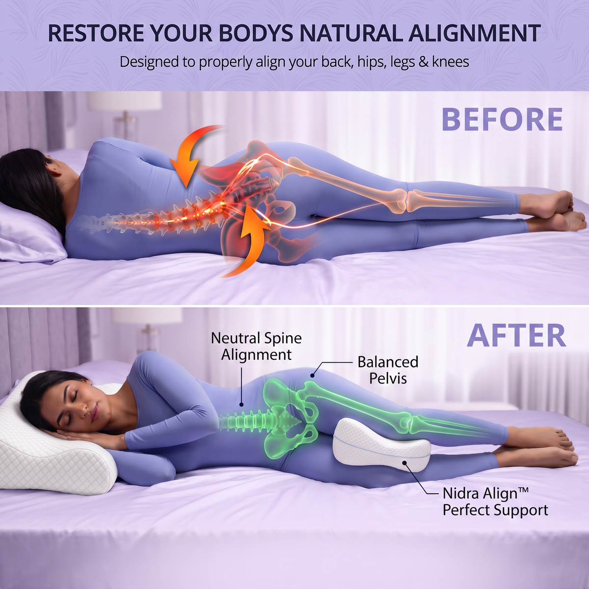 Diagram of a side sleeper showing the line from head to knees, with support and without